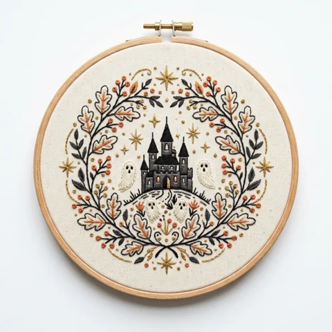 Haunted Castle Ghosts Autumn Wreath hand embroidery design