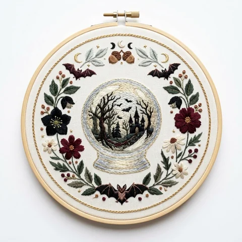 Haunted Castle Globe with Bats Moon Phases Acorns and Botanical Wreath hand embroidery design