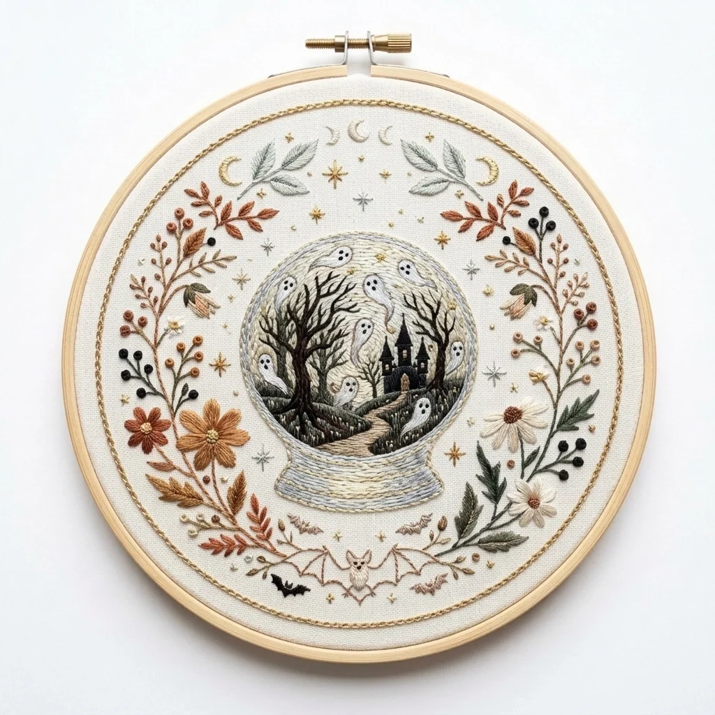 Haunted Castle Globe with Ghosts Moon Phases Bats and Autumn colored hand embroidery design