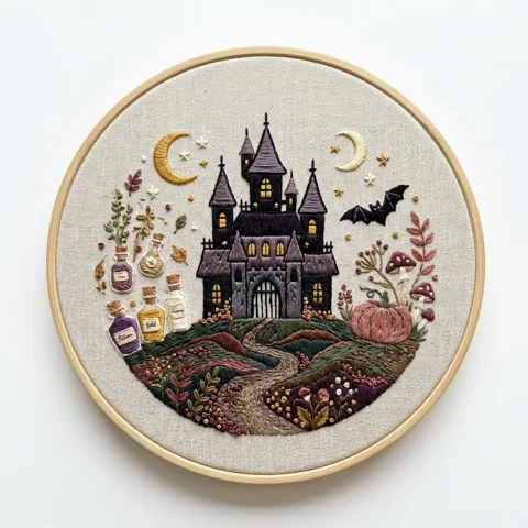 Haunted Castle Potion Bottles Moonlit Harvest Wreath hand embroidery design