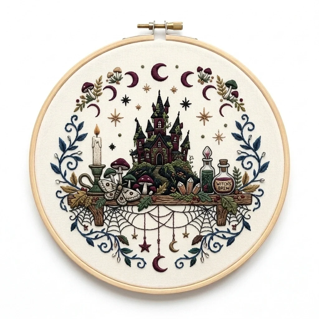 Haunted Castle Witch's Brew Spider Web Moon Wreath colored hand embroidery design