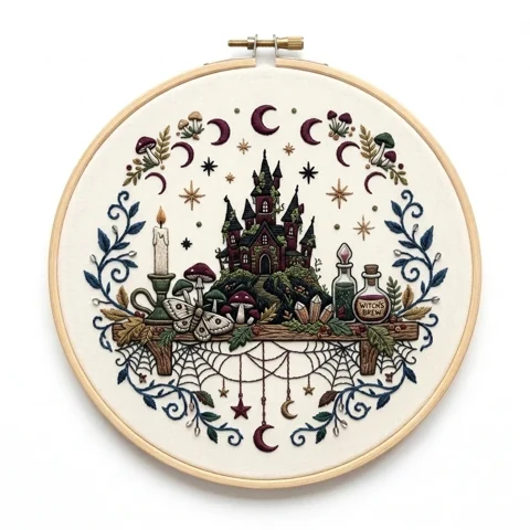 Haunted Castle Witch's Brew Spider Web Moon Wreath hand embroidery design