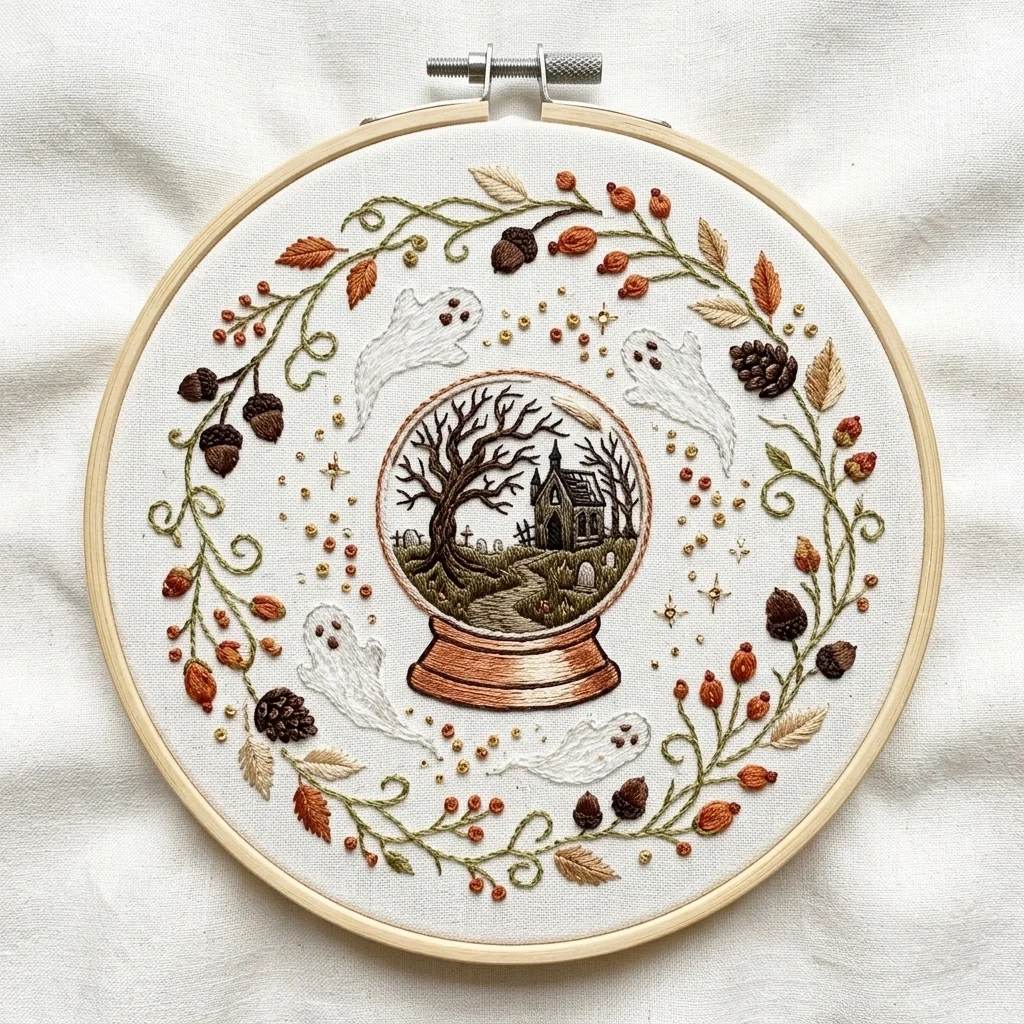 Haunted Church Snow Globe Autumn Ghost Wreath colored hand embroidery design