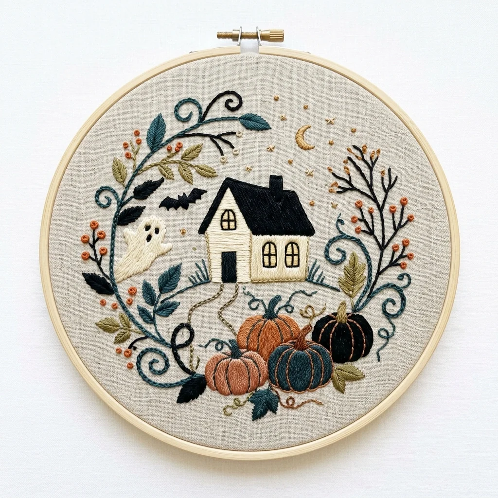 Haunted Cottage Ghost Pumpkin Wreath colored hand embroidery design