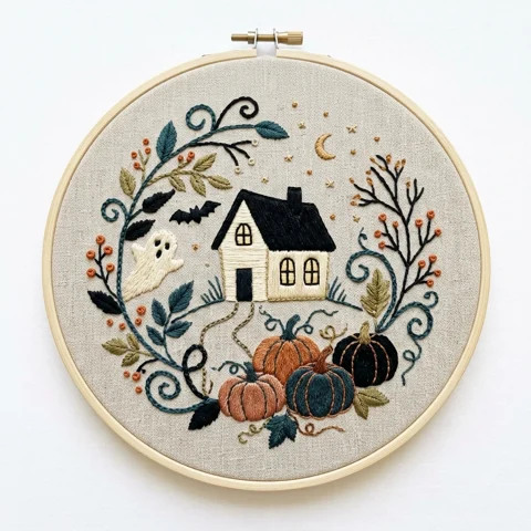 Haunted Cottage Ghost Pumpkin Wreath hand embroidery design