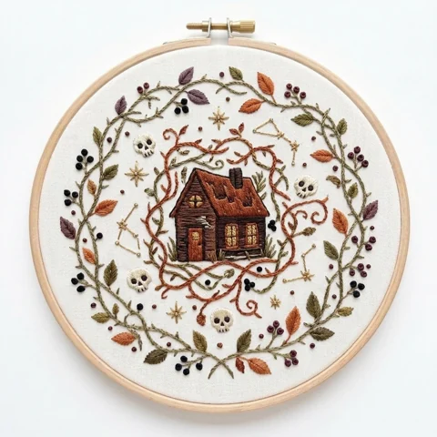 Haunted Cottage Skull Charms Autumn Vine Wreath hand embroidery design