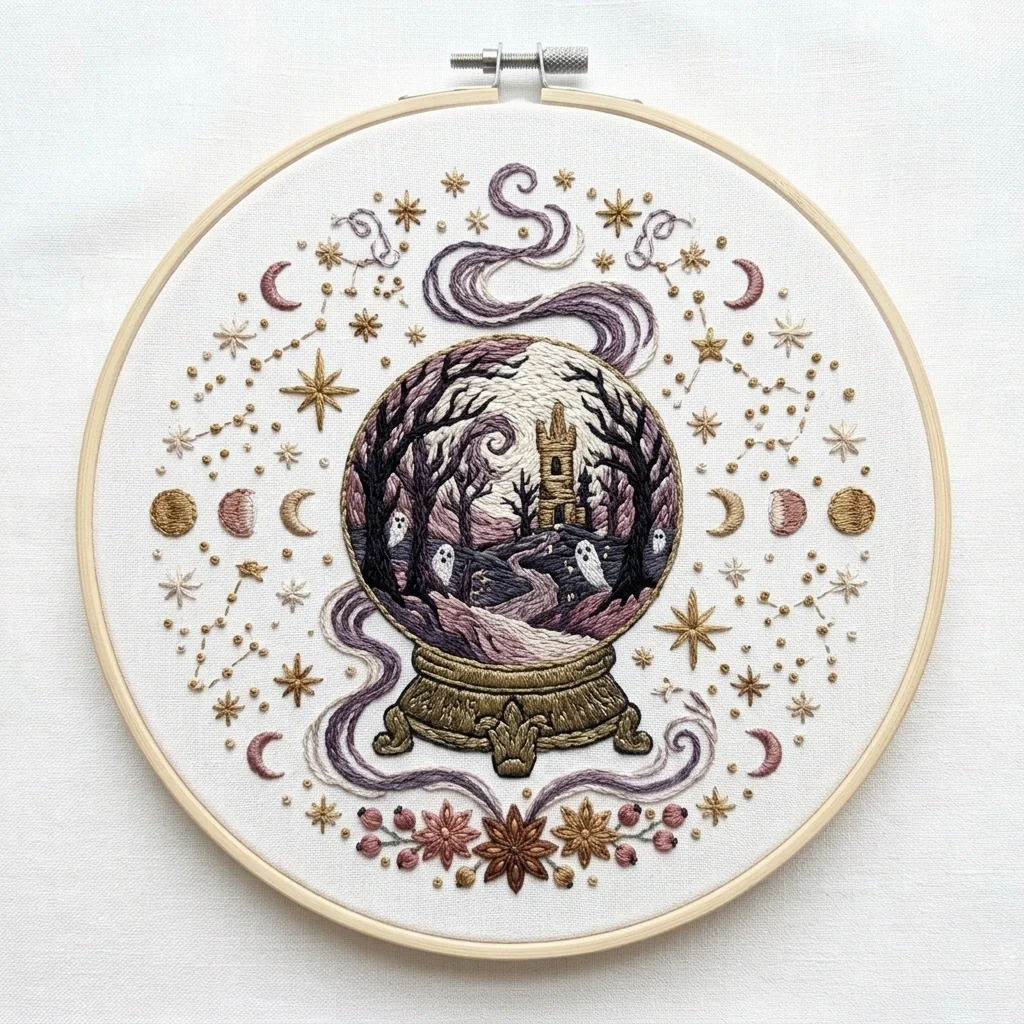 Haunted Crystal Ball Ghosts Celestial Moon Phases colored hand embroidery design