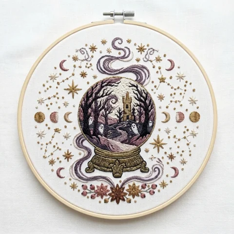 Haunted Crystal Ball Ghosts Celestial Moon Phases hand embroidery design