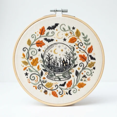 Haunted Crystal Ball with Moonlit Forest Bats and Autumn Botanical hand embroidery design