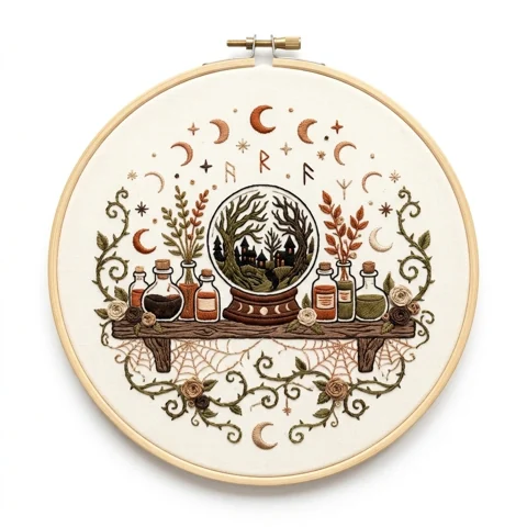 Haunted Forest Crystal Ball with Potion Bottles Roses and Moon Phase hand embroidery design