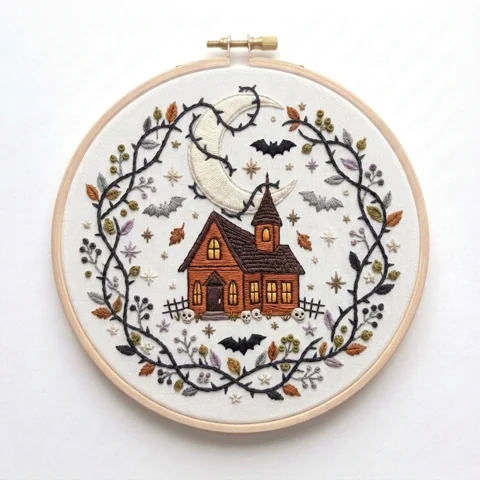 Haunted House Crescent Moon Thorn Wreath hand embroidery design