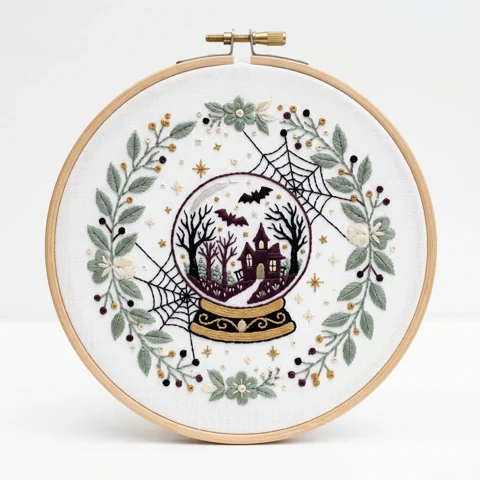 Haunted House Crystal Ball with Spiderwebs Sage Wreath and Celestial hand embroidery design