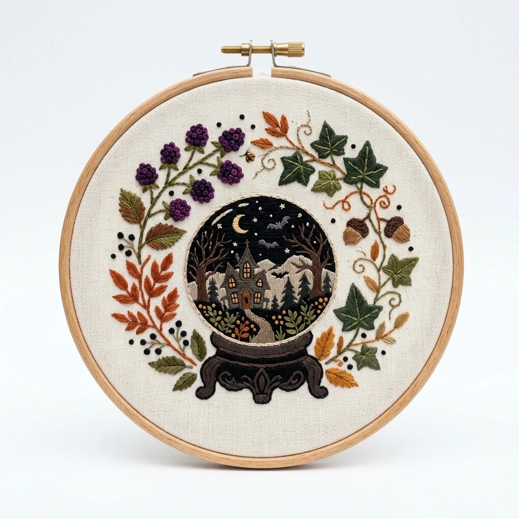Haunted House Snow Globe colored hand embroidery design