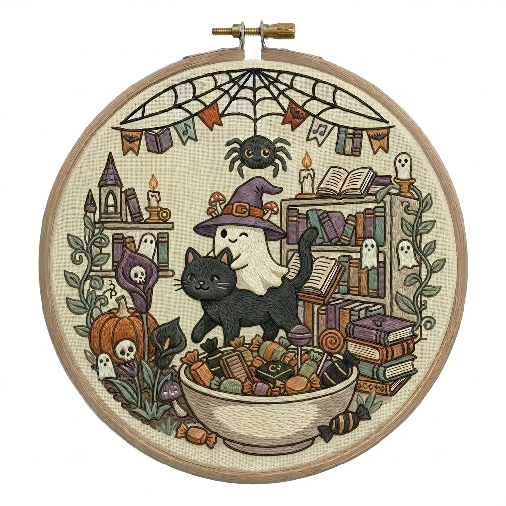 Haunted Library Cat Witch Ghost Candy Bowl colored hand embroidery design