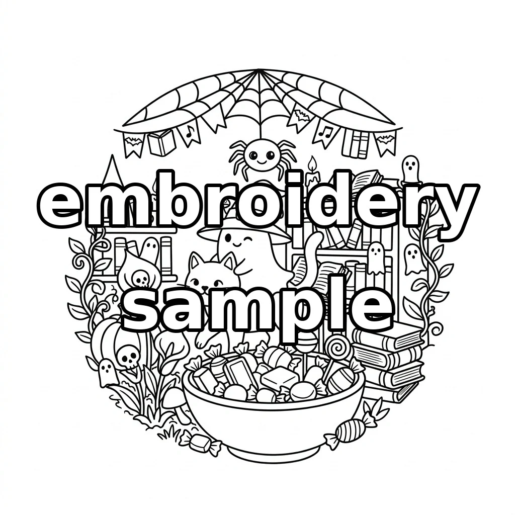 Watermarked Haunted Library Cat Witch Ghost Candy Bowl embroidery outline