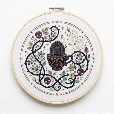 Haunted Teacup House Ghost Garden hand embroidery design