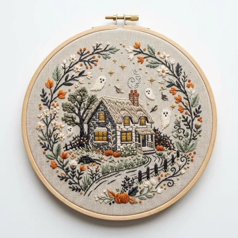 Haunted Woodland Cottage Ghosts Autumn Wreath hand embroidery design