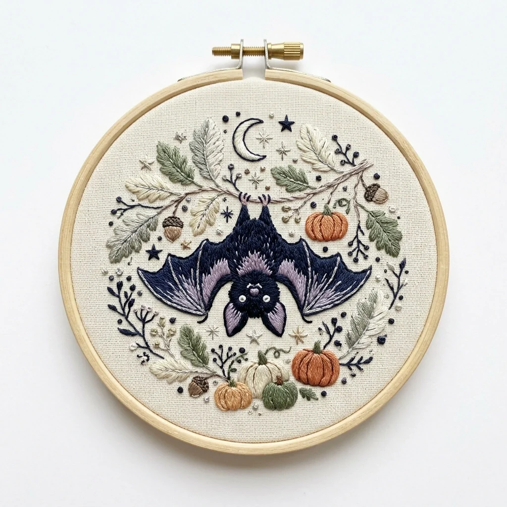 Horned Bat Pumpkins Autumn Celestial Wreath colored hand embroidery design