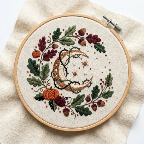 Ivory and Copper Crescent with Thorn Vines Pumpkins Acorns and Oak hand embroidery design