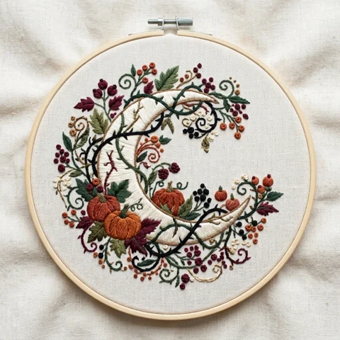 Ivory Crescent, Autumn Pumpkins and Thorn Vines hand embroidery design