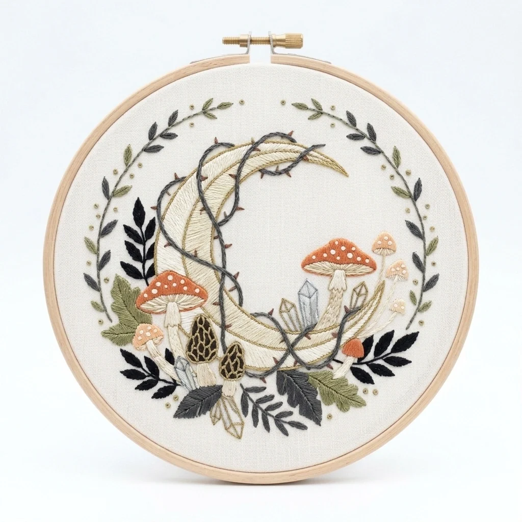 Ivory Crescent with Woodland Mushrooms Morels Crystals and Thorn Vine