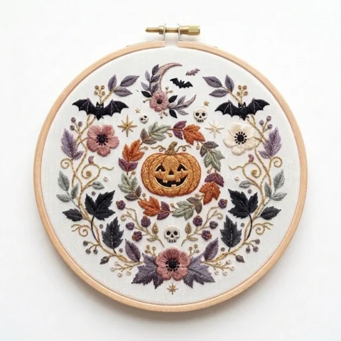 Jack O Lantern Bats Skull Botanical Wreath hand embroidery design