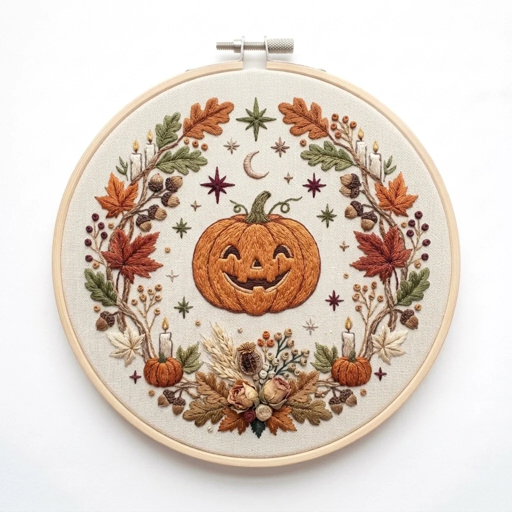 Jack O Lantern Candles Autumn Harvest Wreath colored hand embroidery design