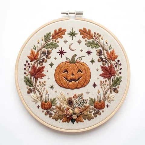 Jack O Lantern Candles Autumn Harvest Wreath hand embroidery design