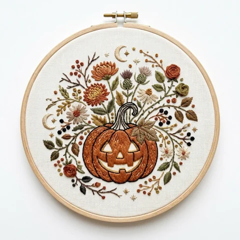 Jack O Lantern Crescent Moons Autumn Floral Wreath hand embroidery design