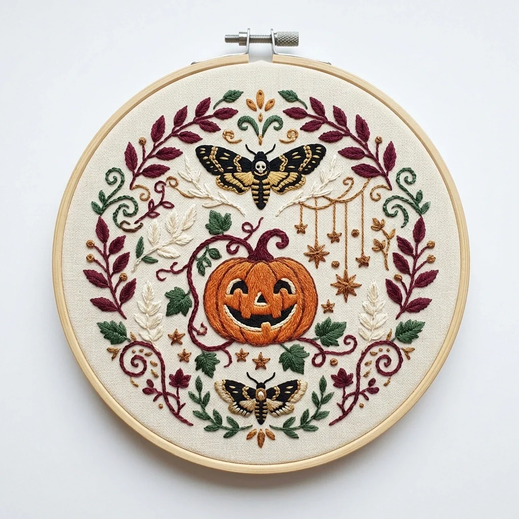 Jack O Lantern Death S Head Moths Botanical Wreath colored hand embroidery design