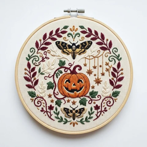 Jack O Lantern Death S Head Moths Botanical Wreath hand embroidery design