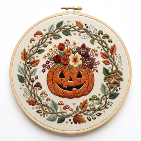 Jack O Lantern Floral Crown Woodland Wreath hand embroidery design
