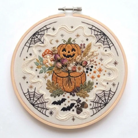 Jack O Lantern Harvest Bouquet Spiderweb Wreath hand embroidery design