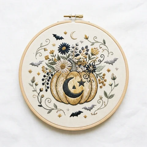 Jack O Lantern Pumpkin Florals Celestial Bats hand embroidery design