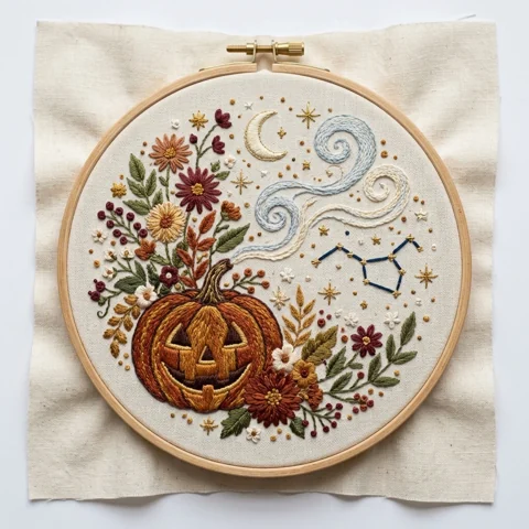Jack-o'-Lantern and Celestial Autumn Swirls hand embroidery design