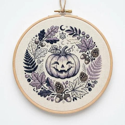 Jack O Lantern Woodland Harvest Wreath hand embroidery design