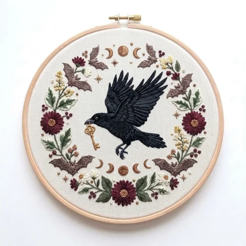 Key Bearing Crow Moon Phase Botanical Wreath hand embroidery design