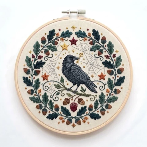 Key Bearing Crow Spiderweb Autumn Acorn Wreath hand embroidery design