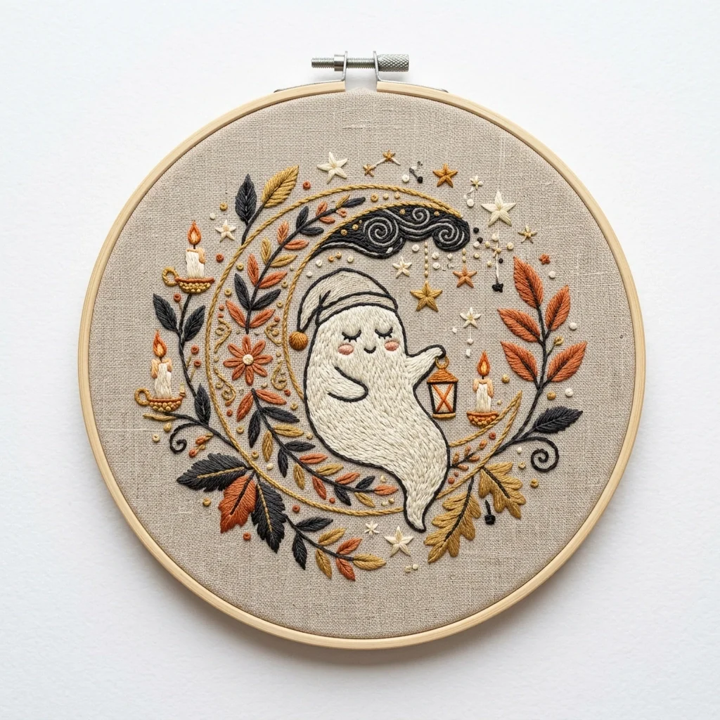 Lantern Ghost Candles Autumn Celestial Wreath colored hand embroidery design