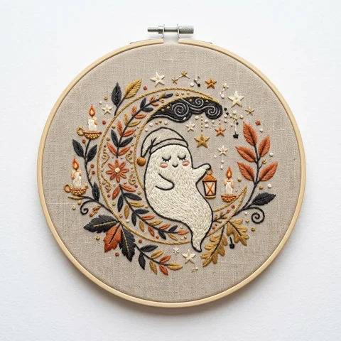 Lantern Ghost Candles Autumn Celestial Wreath hand embroidery design