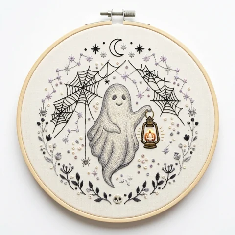 Lantern Ghost Spider Webs Lavender Halloween Wreath hand embroidery design
