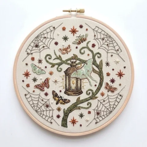 Lantern Luna Moths Spiderweb Vine Wreath hand embroidery design