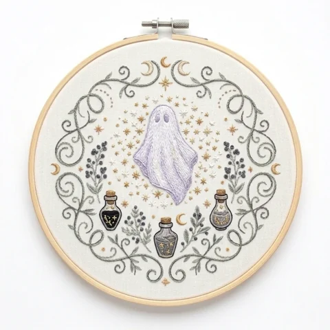 Lavender Ghost Potion Bottles Moonlit Vine Wreath hand embroidery design