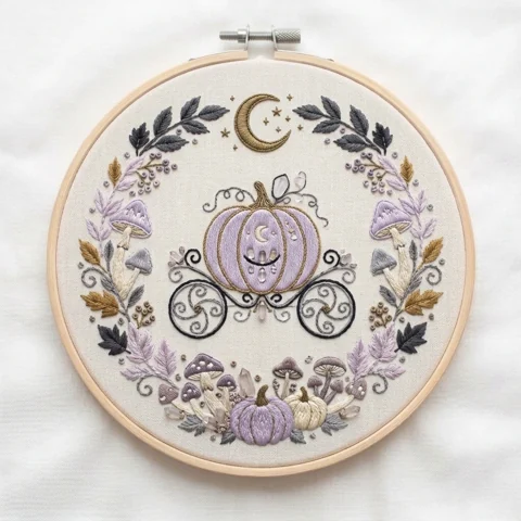 Lavender Pumpkin Carriage Crescent Moon Woodland Wreath hand embroidery design