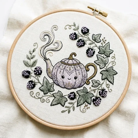 Lavender Pumpkin Teapot with Blackberry Vines and Curling Steam hand embroidery design