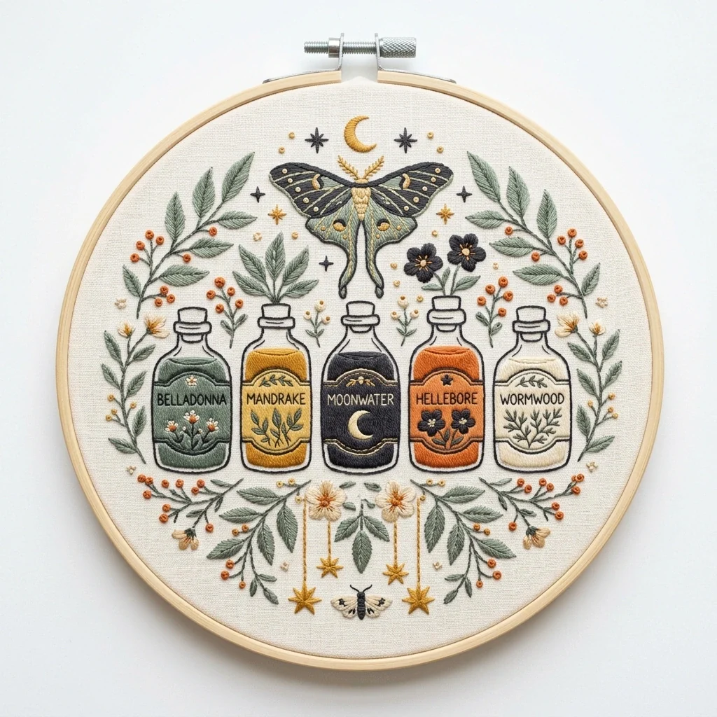 Luna Moth Apothecary Bottle Garden colored hand embroidery design