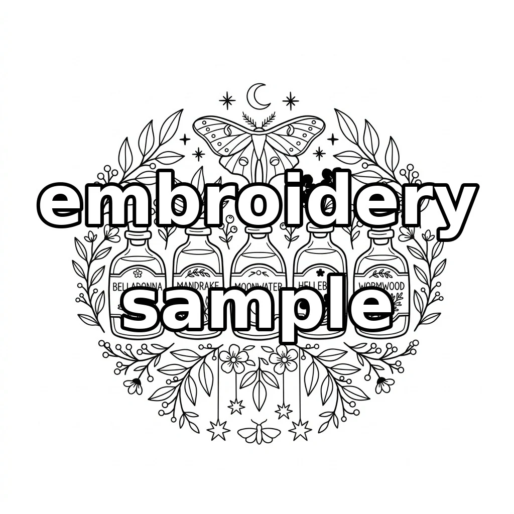 Watermarked Luna Moth Apothecary Bottle Garden embroidery outline