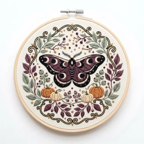 Lunar Moth Pumpkins Botanical Scroll Wreath hand embroidery design
