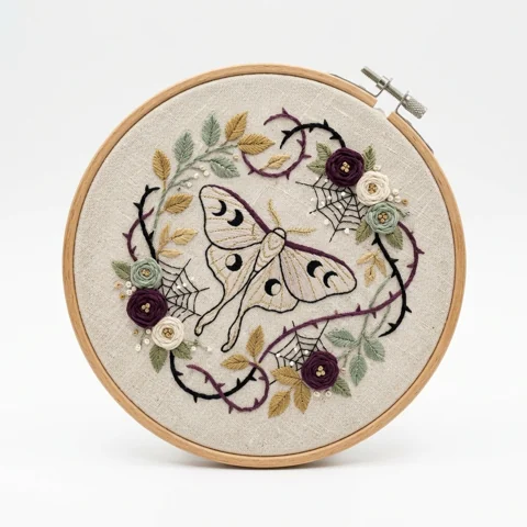 Lunar Moth Roses Thorned Web Wreath hand embroidery design