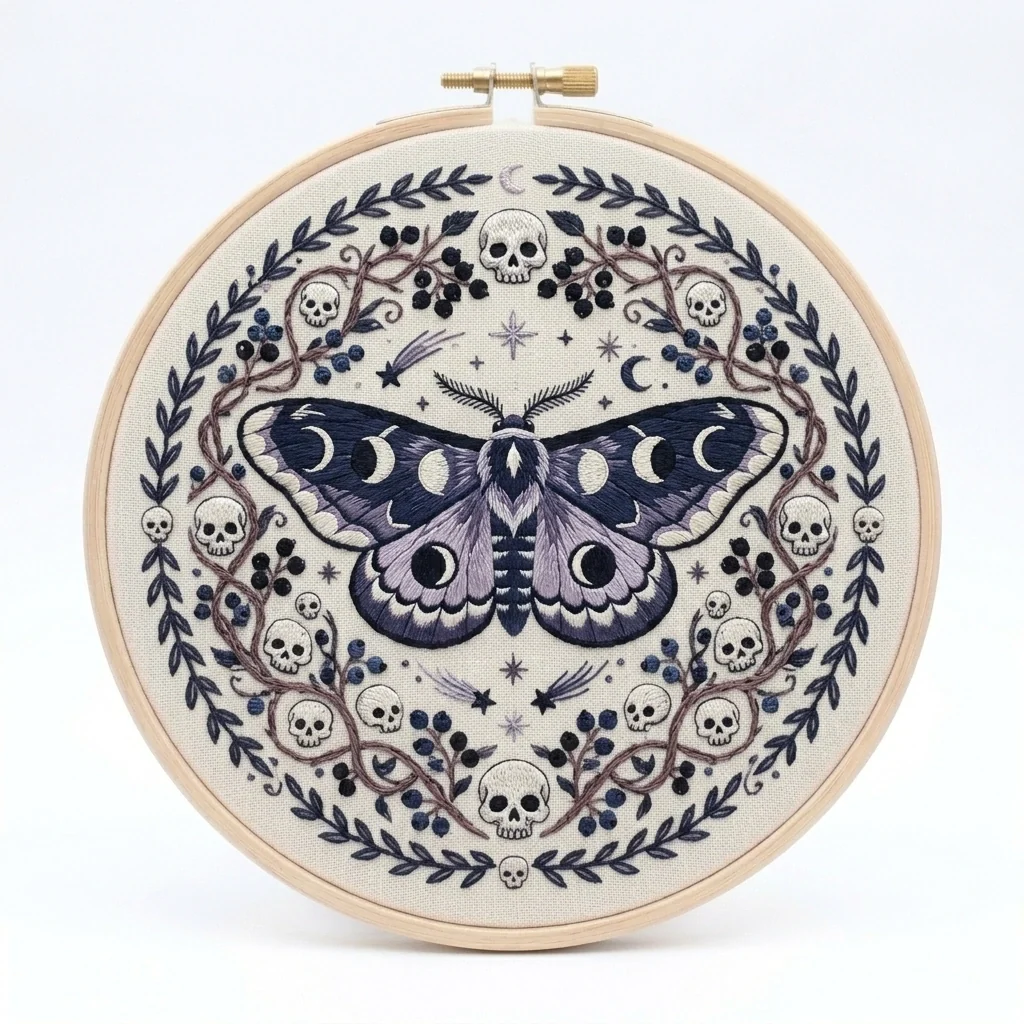Lunar Skull Moth colored hand embroidery design